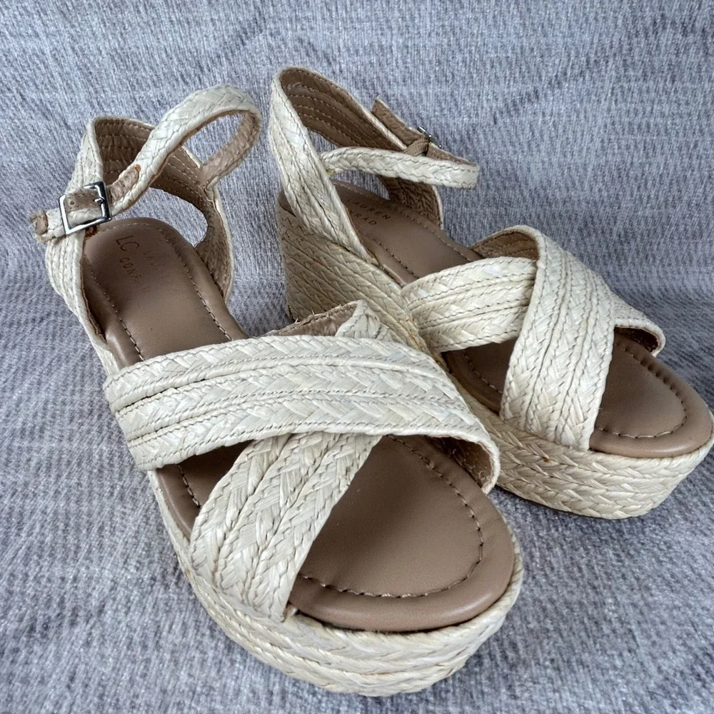 LC Lauren Conrad Galena Natural Woven Braided Wedge Platform Sandals Womens 8.5